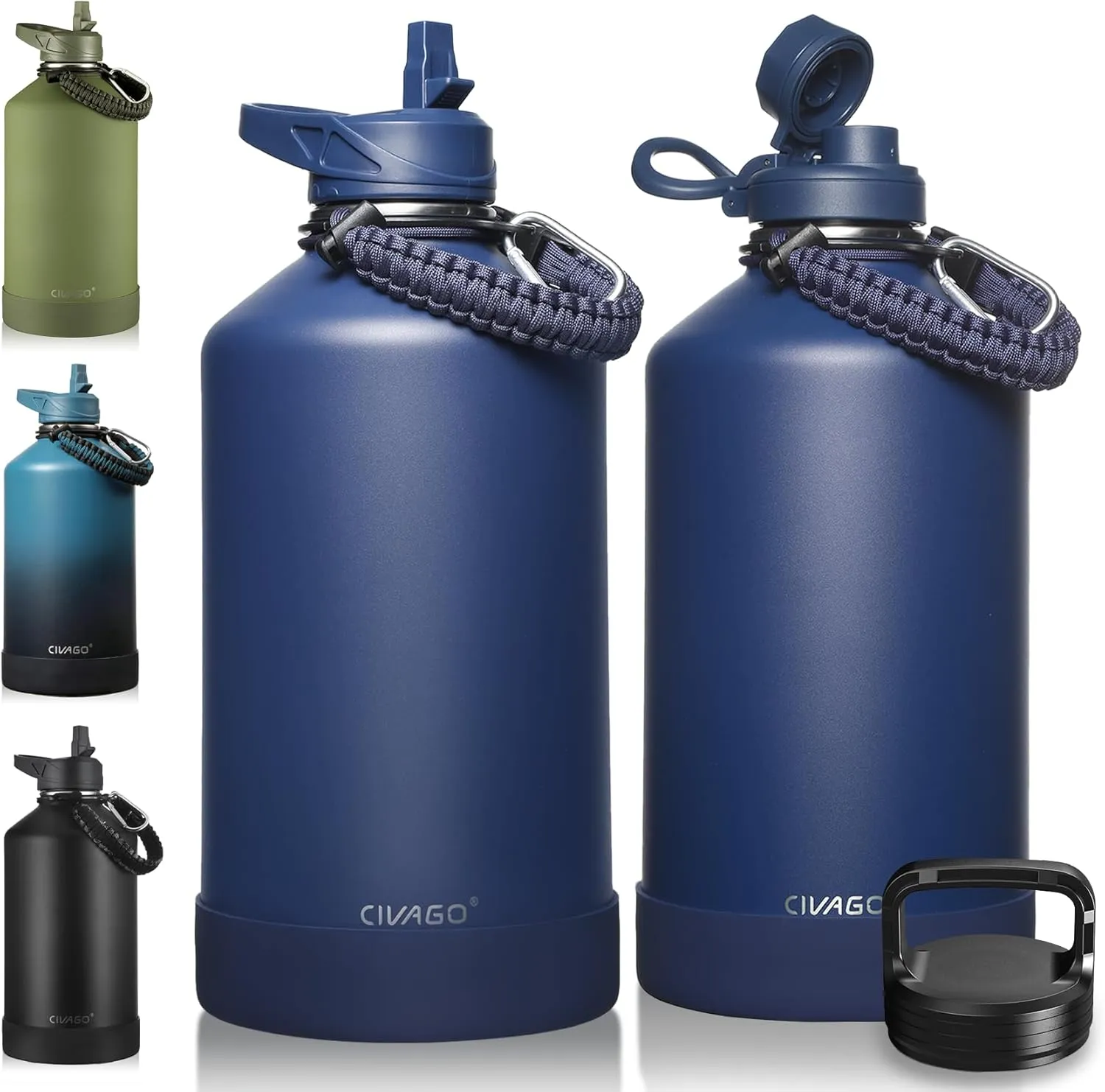 CIVAGO Gallon Insulated Water Bottle Jug with Straw, 128 oz Large Stainless Steel Water Flask, Big Metal Thermal Mug with 3 Lids for Sports, Travel, Gym, and Camping, Navy Blue