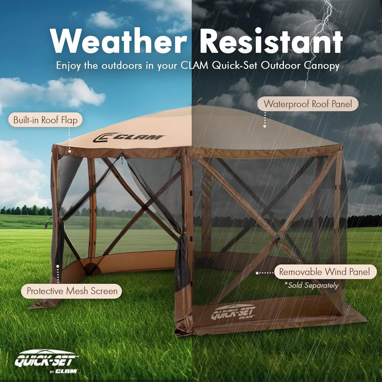 Clam Quick-Set Escape 11.5 x 11.5 Foot Portable Outdoor Gazebo Canopy Camping Tent Shelter, with 3 Wind and Sun Panels and Carry Bag Accessory, Brown