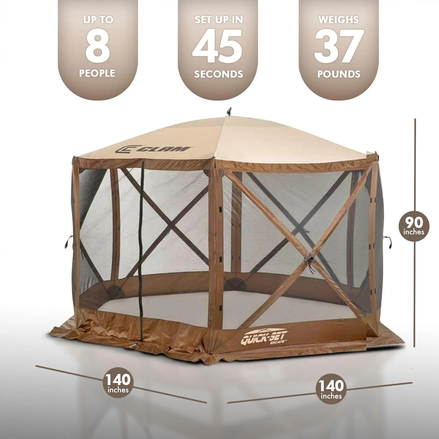 Clam Quick-Set Escape 11.5 x 11.5 Foot Portable Outdoor Gazebo Canopy Camping Tent Shelter, with 3 Wind and Sun Panels and Carry Bag Accessory, Brown