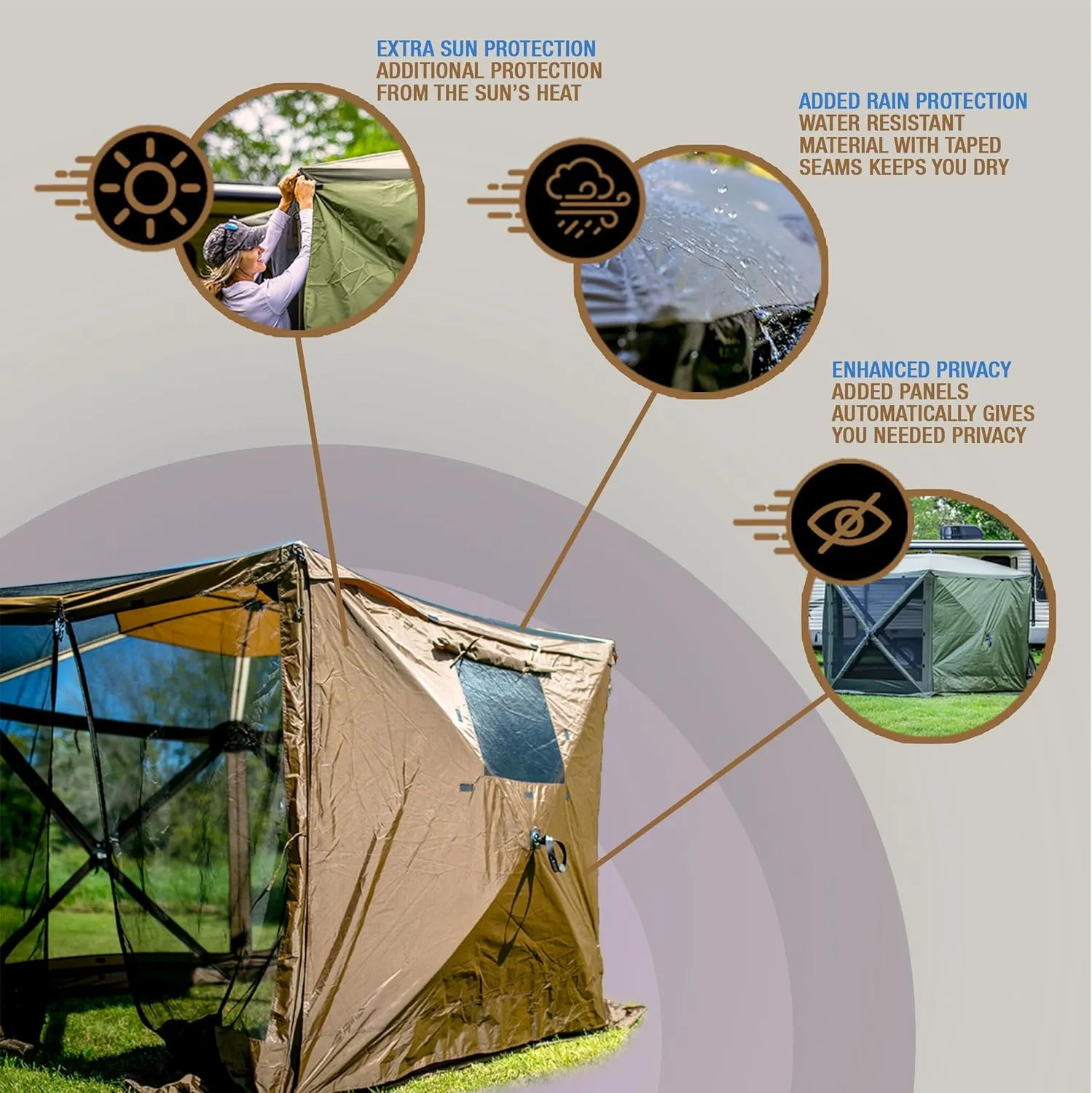Clam Quick-Set Escape 11.5 x 11.5 Foot Portable Outdoor Gazebo Canopy Camping Tent Shelter, with 3 Wind and Sun Panels and Carry Bag Accessory, Brown
