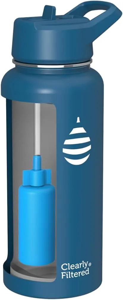 Clearly Filtered Water Bottle | Removes 220  Contaminants, Double-Wall Insulated Stainless Steel, BPA/BPS Free, Phthalate Free, Filters Flouride Lead Chlorine (32oz, Navy Blue)