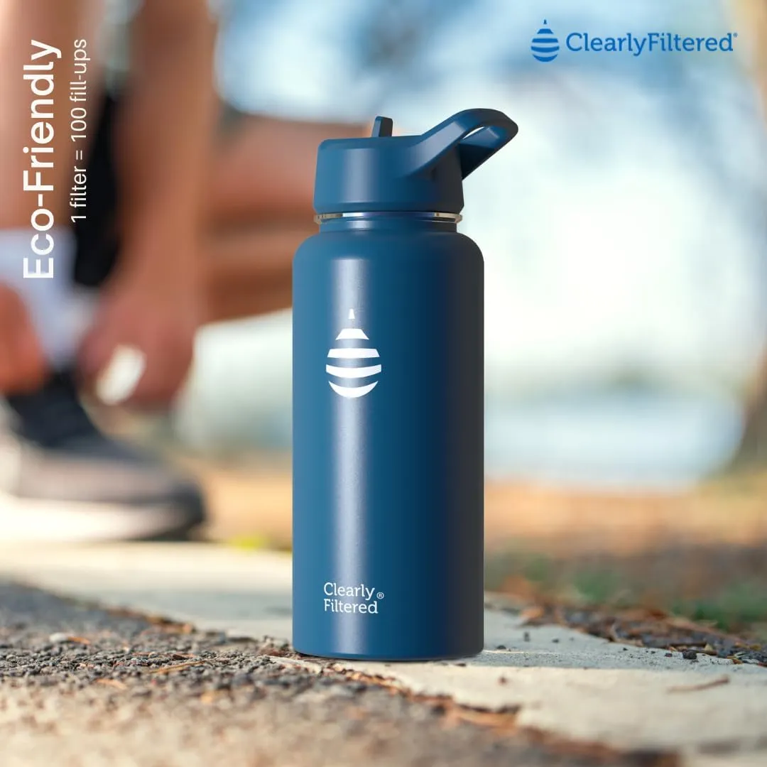 Clearly Filtered Water Bottle | Removes 220  Contaminants, Double-Wall Insulated Stainless Steel, BPA/BPS Free, Phthalate Free, Filters Flouride Lead Chlorine (32oz, Navy Blue)