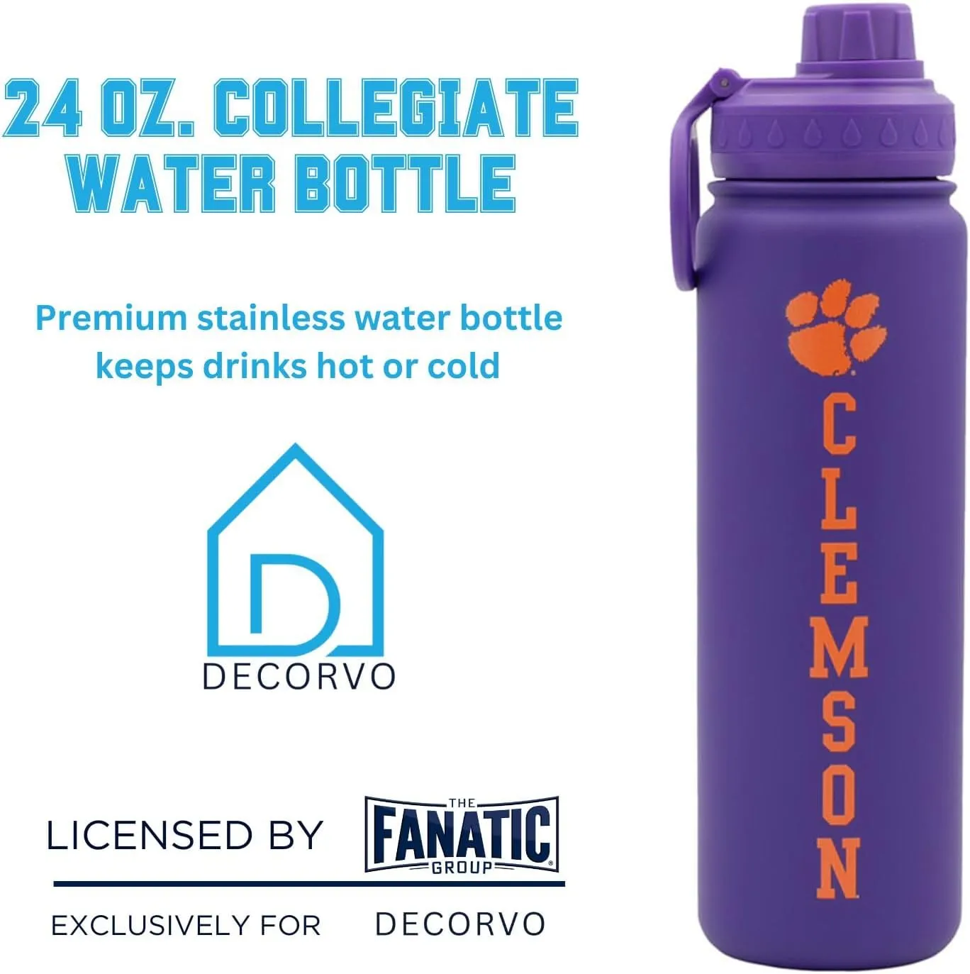 Clemson Water Bottle - Purple Double Walled Stainless Steel 24 oz Keeps Drinks Cold or Hot