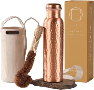 CLEO HOME 100% Pure Copper Water Bottle for Drinking, 32 Oz Large Hammered Ayurvedic Copper Bottle with Canvas Bag & Cleaning Brush, Leak-Proof Insulated Vessel