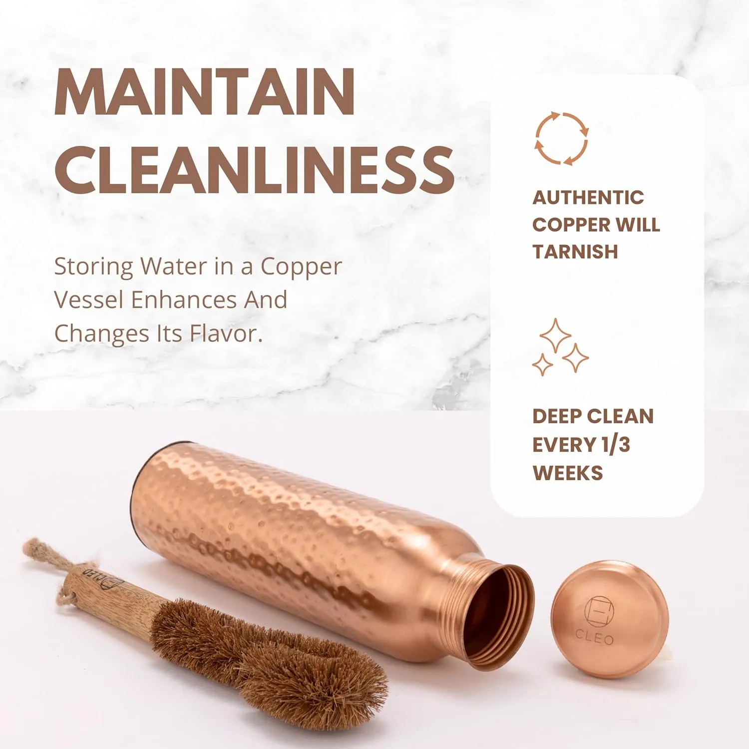 CLEO HOME 100% Pure Copper Water Bottle for Drinking, 32 Oz Large Hammered Ayurvedic Copper Bottle with Canvas Bag & Cleaning Brush, Leak-Proof Insulated Vessel
