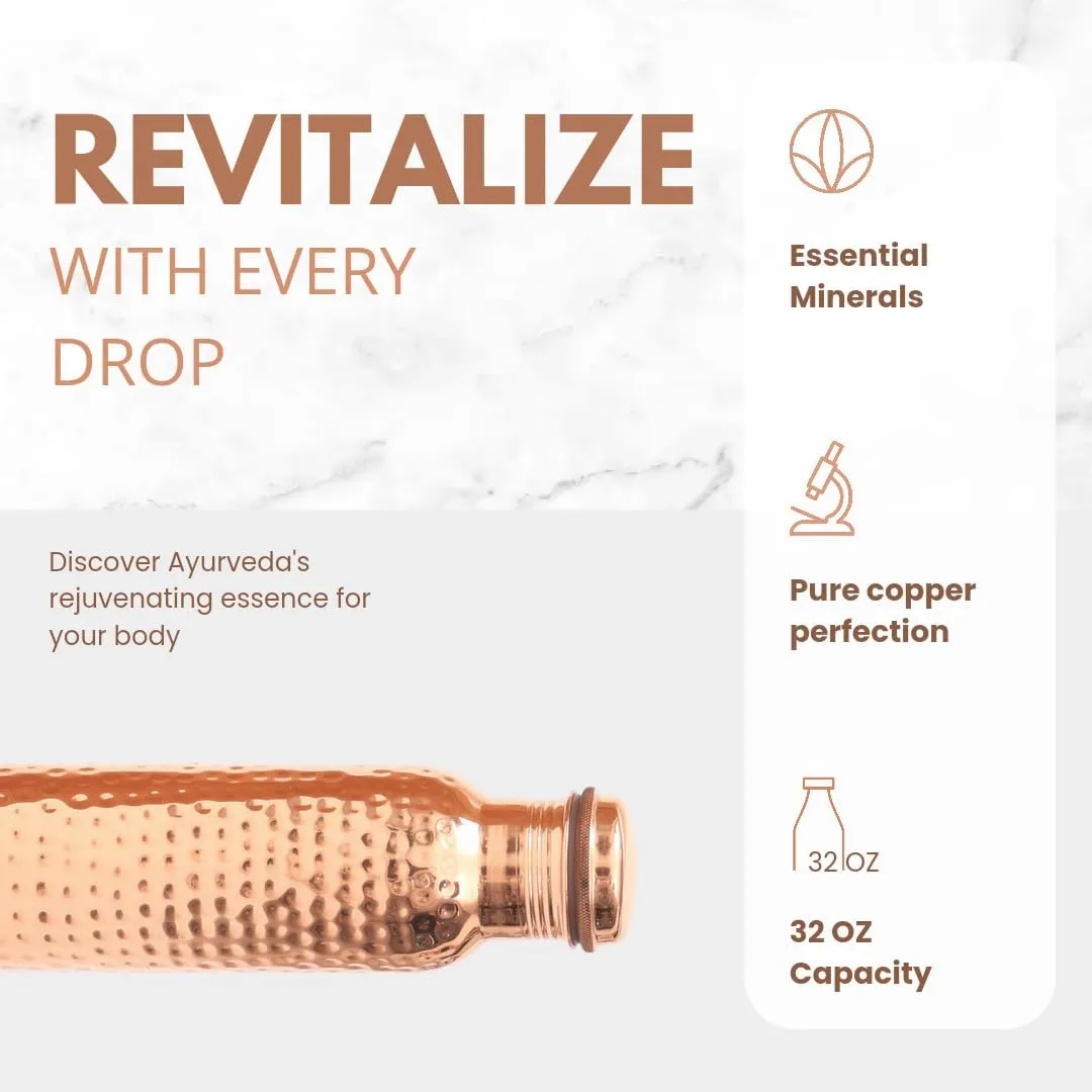 CLEO HOME 100% Pure Copper Water Bottle for Drinking, 32 Oz Large Hammered Ayurvedic Copper Bottle with Canvas Bag & Cleaning Brush, Leak-Proof Insulated Vessel