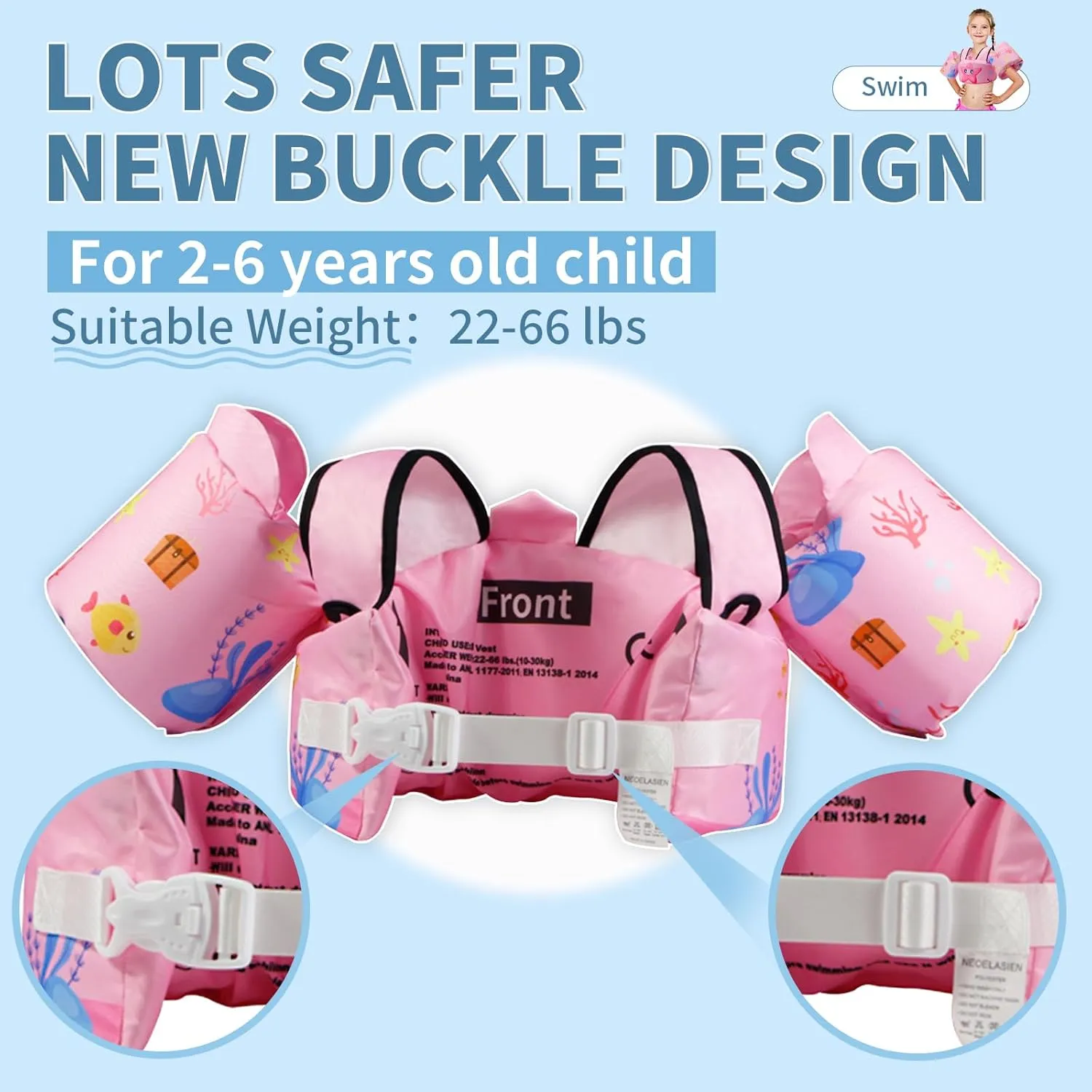 Coast Guard Approved UL Kids Swim Vest for Children Learn Swimming Training Toddler Floaties with Adjustable Non-Slip Buckle Shoulder Harness Arm Wings for 22-66 lbs Boys/Girls Beach