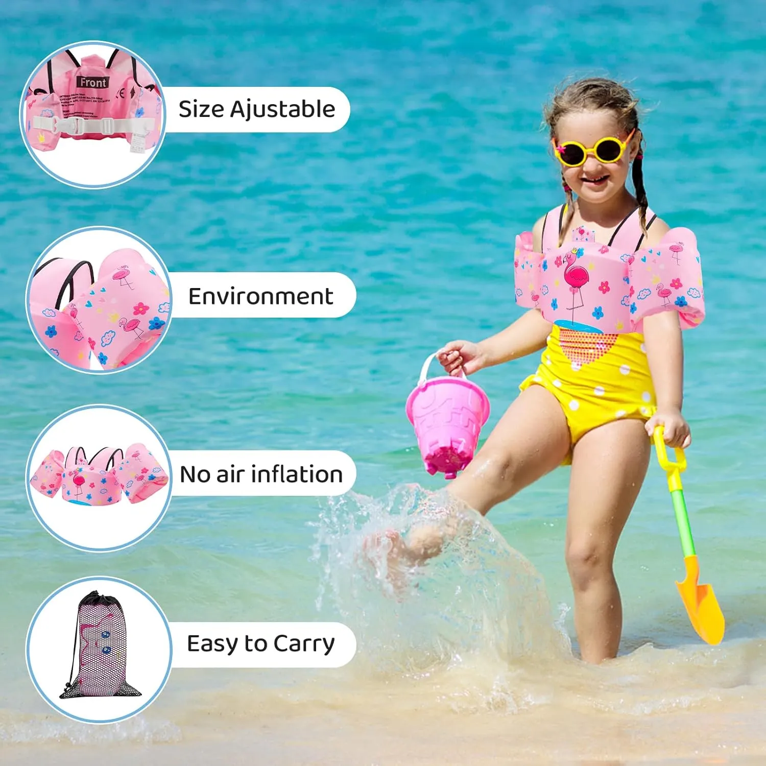Coast Guard Approved UL Kids Swim Vest for Children Learn Swimming Training Toddler Floaties with Adjustable Non-Slip Buckle Shoulder Harness Arm Wings for 22-66 lbs Boys/Girls Beach