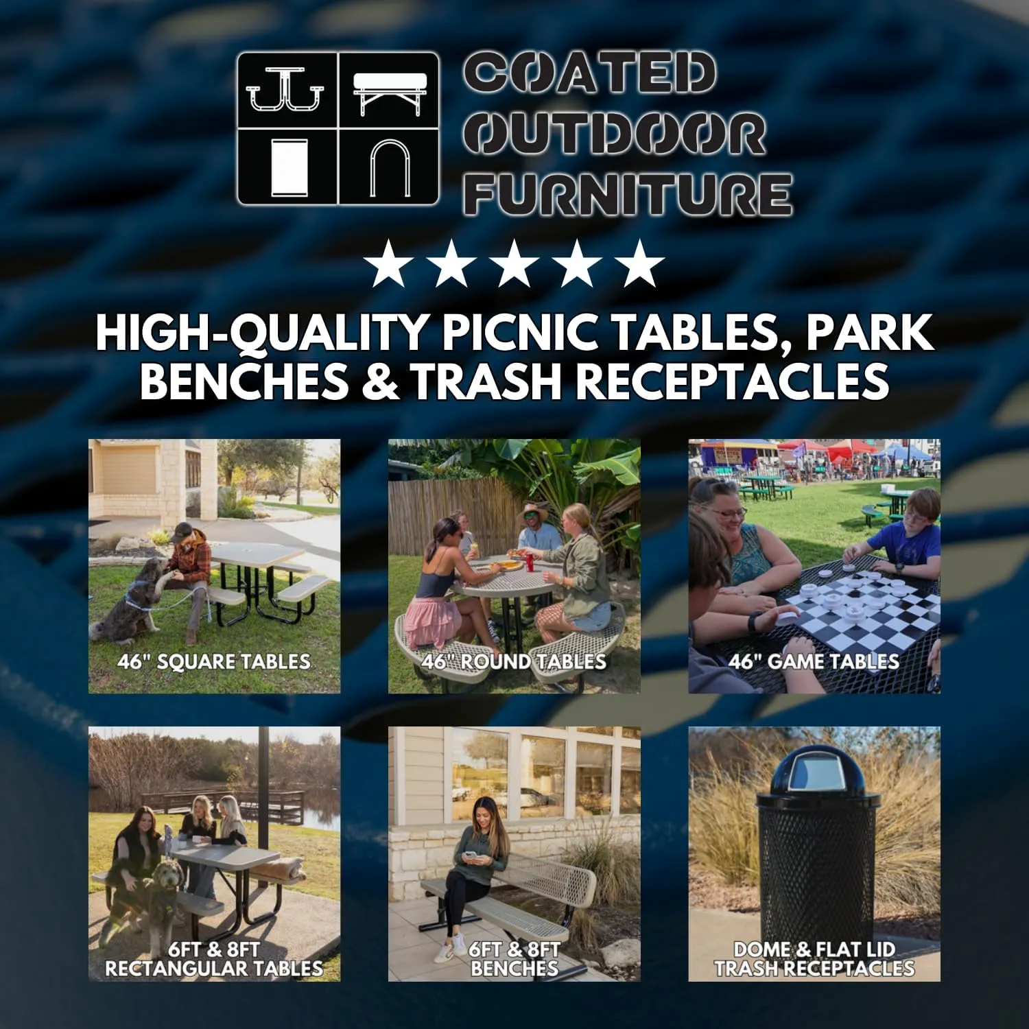 Coated Outdoor Furniture Heavy-Duty Portable Outdoor Picnic Table, Thermoplastic Coated Expanded Metal Commercial-Grade Patio Dining Furniture Made in America (8ft Rectangular, Brown)