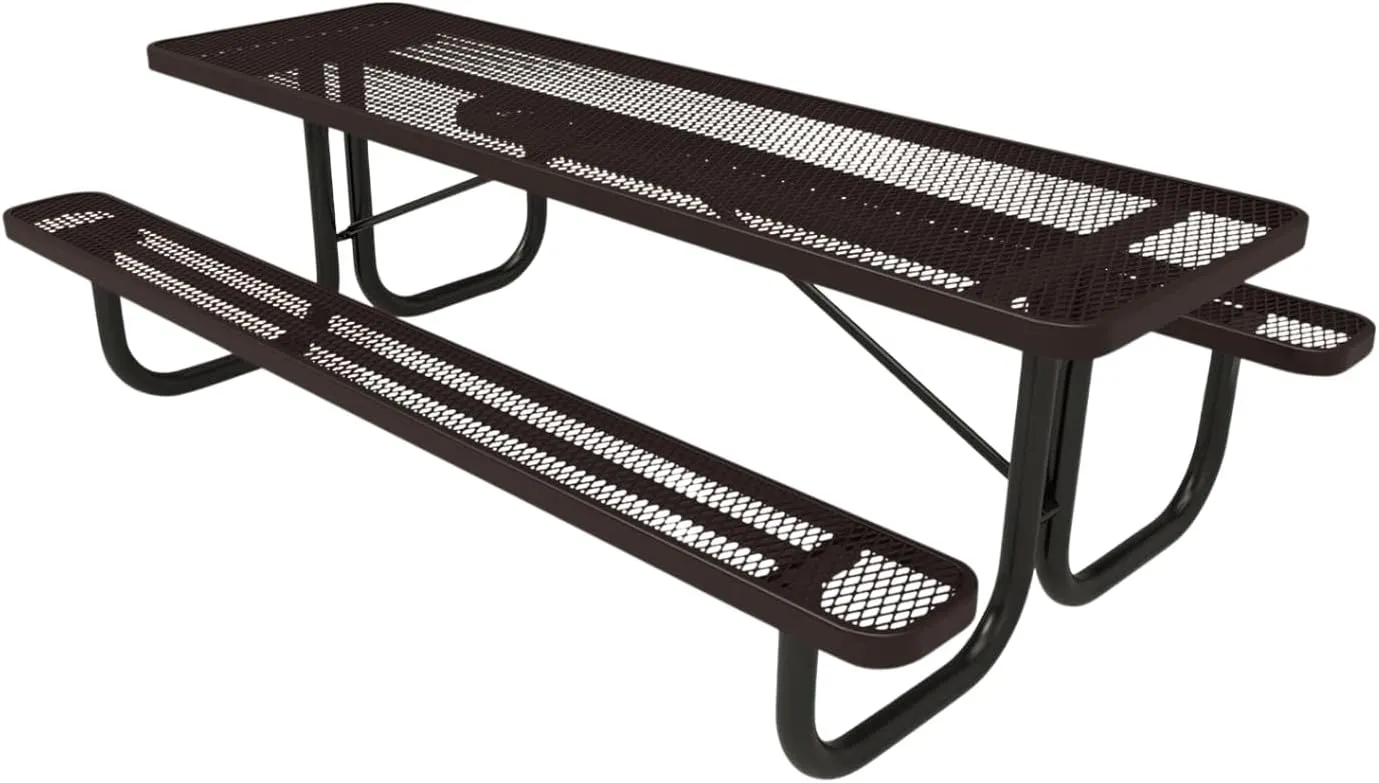 Coated Outdoor Furniture Heavy-Duty Portable Outdoor Picnic Table, Thermoplastic Coated Expanded Metal Commercial-Grade Patio Dining Furniture Made in America (8ft Rectangular, Brown)