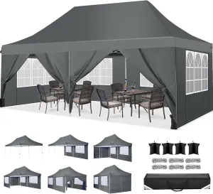 COBIZI Canopy 10x20 Pop Up Canopy Tent with 6 Sidewalls, Waterproof Commercial Canopy Ez Outdoor Instant Gazebo UV Protection 50  Event Shelter, Garden Tents for Parties with Sandbags, Grey