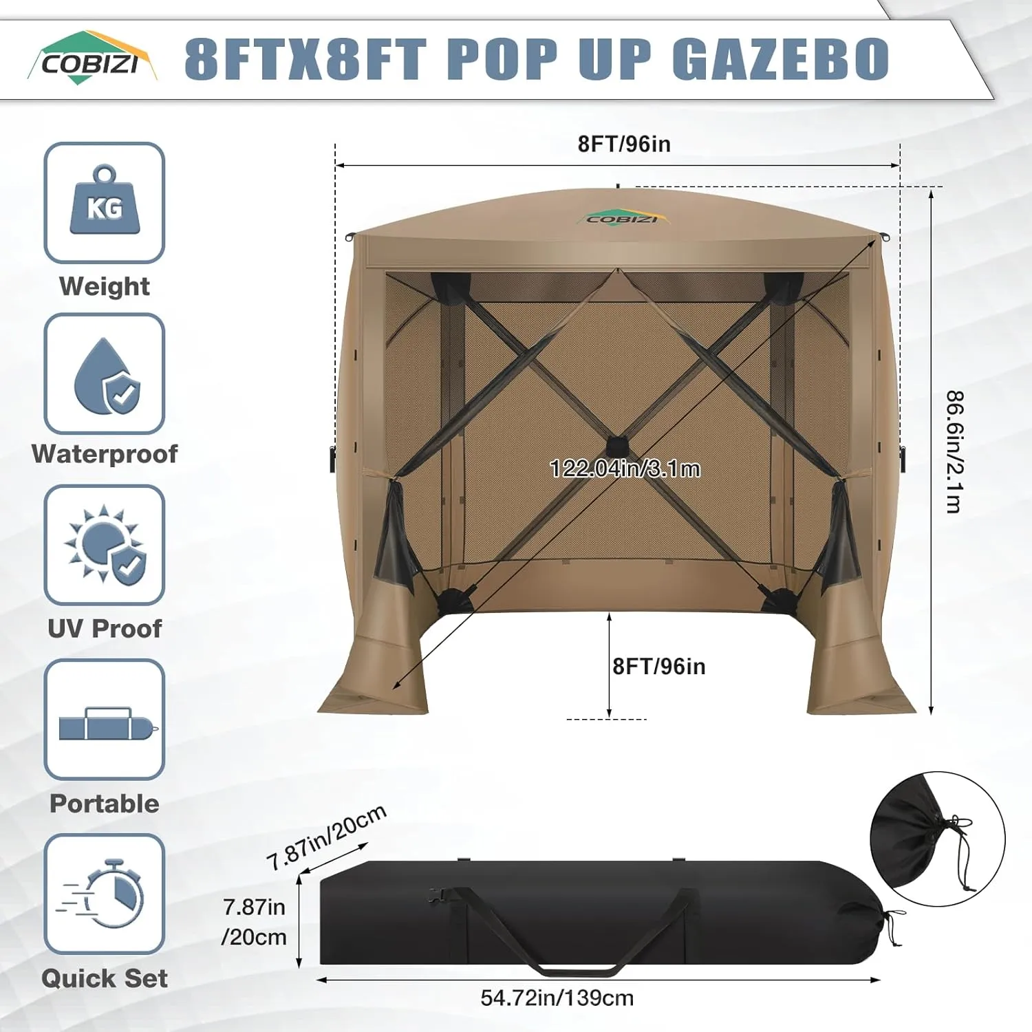 COBIZI Pop Up Gazebo Screen Tent Screen House for Camping, 8FTx8FT Screen Room with Sidewalls and Mosquito Netting, Hub Tent Instant Screened Canopy with Carrying Bag and Ground Stakes, Khaki