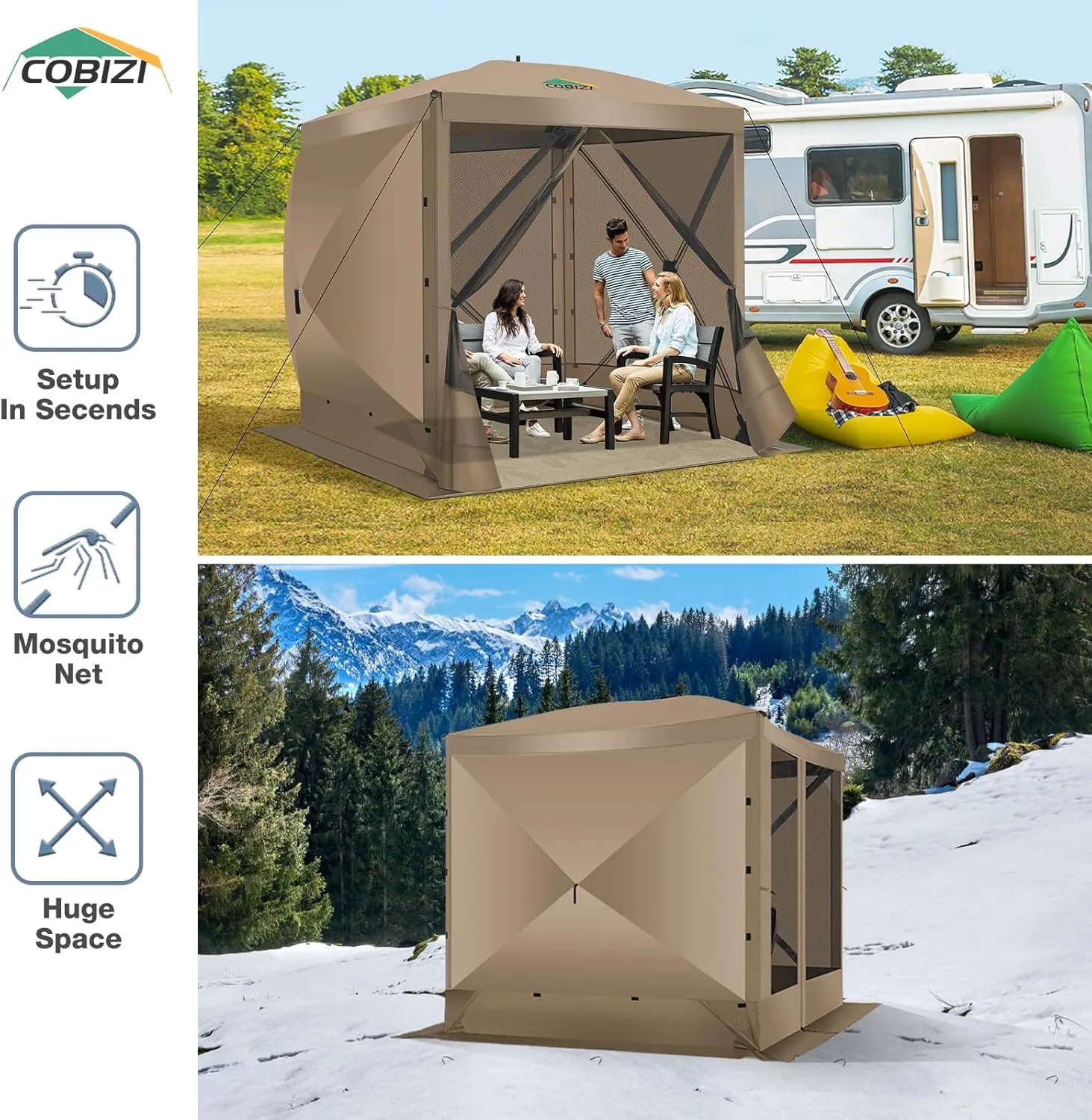 COBIZI Pop Up Gazebo Screen Tent Screen House for Camping, 8FTx8FT Screen Room with Sidewalls and Mosquito Netting, Hub Tent Instant Screened Canopy with Carrying Bag and Ground Stakes, Khaki