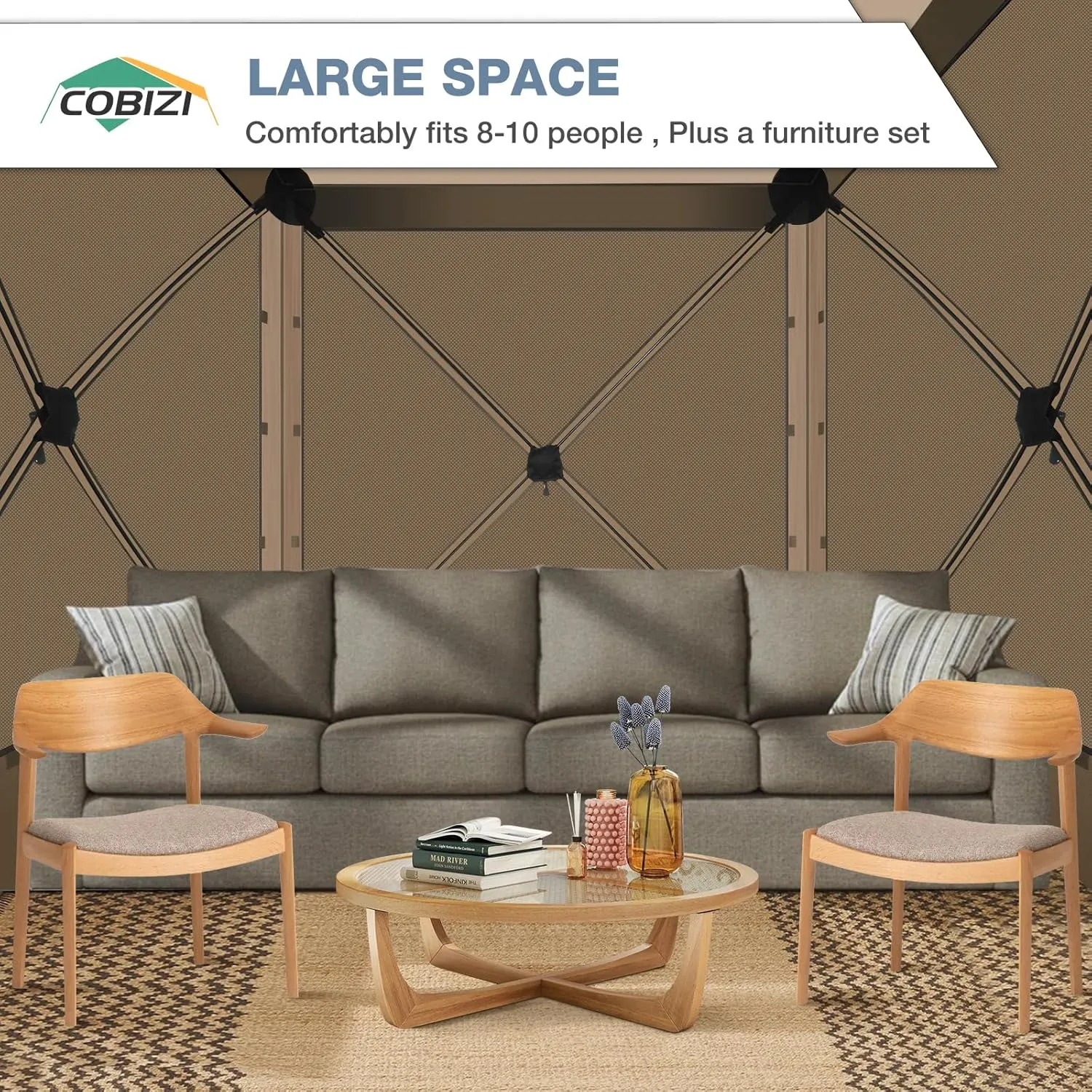 COBIZI Pop Up Gazebo Screen Tent Screen House for Camping, 8FTx8FT Screen Room with Sidewalls and Mosquito Netting, Hub Tent Instant Screened Canopy with Carrying Bag and Ground Stakes, Khaki