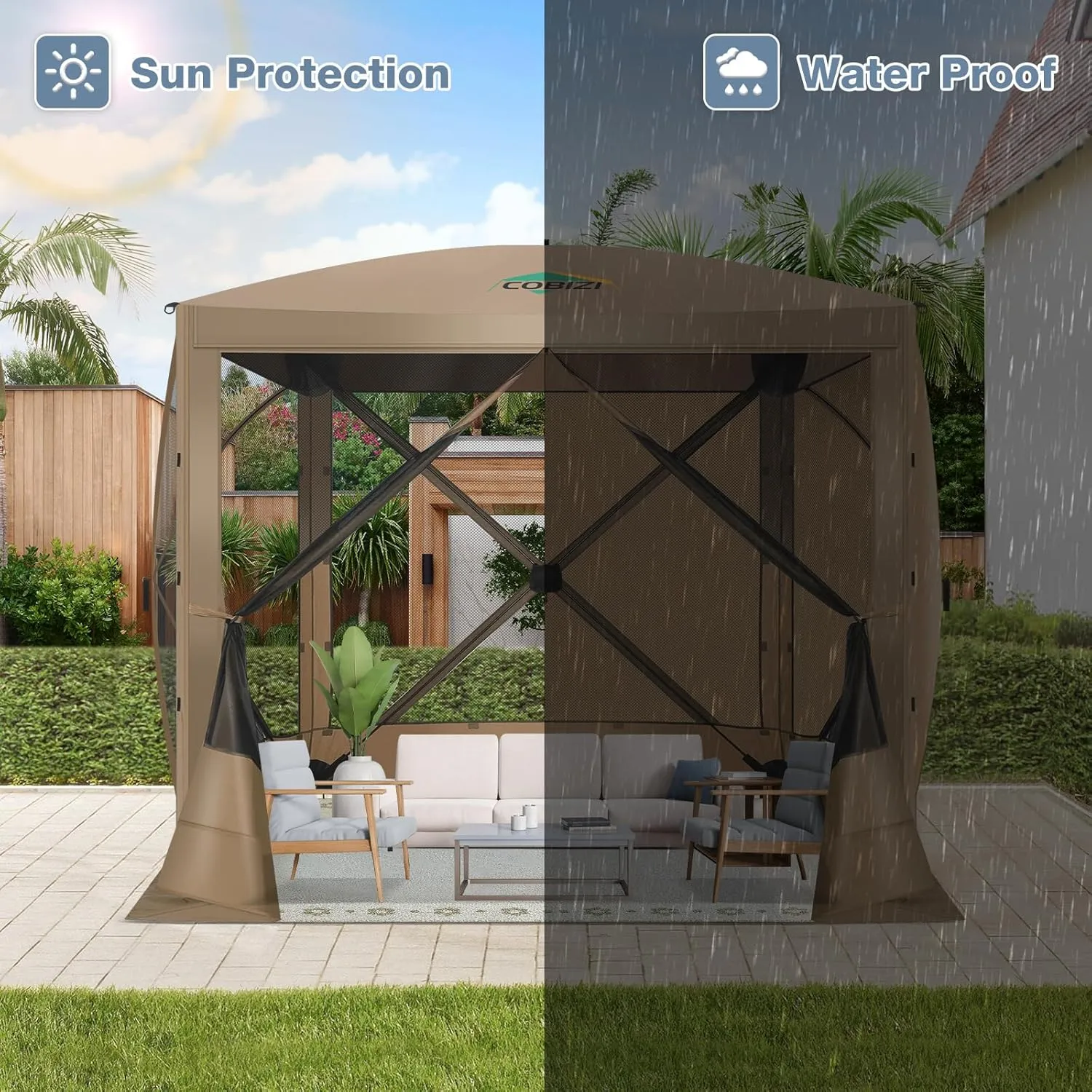 COBIZI Pop Up Gazebo Screen Tent Screen House for Camping, 8FTx8FT Screen Room with Sidewalls and Mosquito Netting, Hub Tent Instant Screened Canopy with Carrying Bag and Ground Stakes, Khaki
