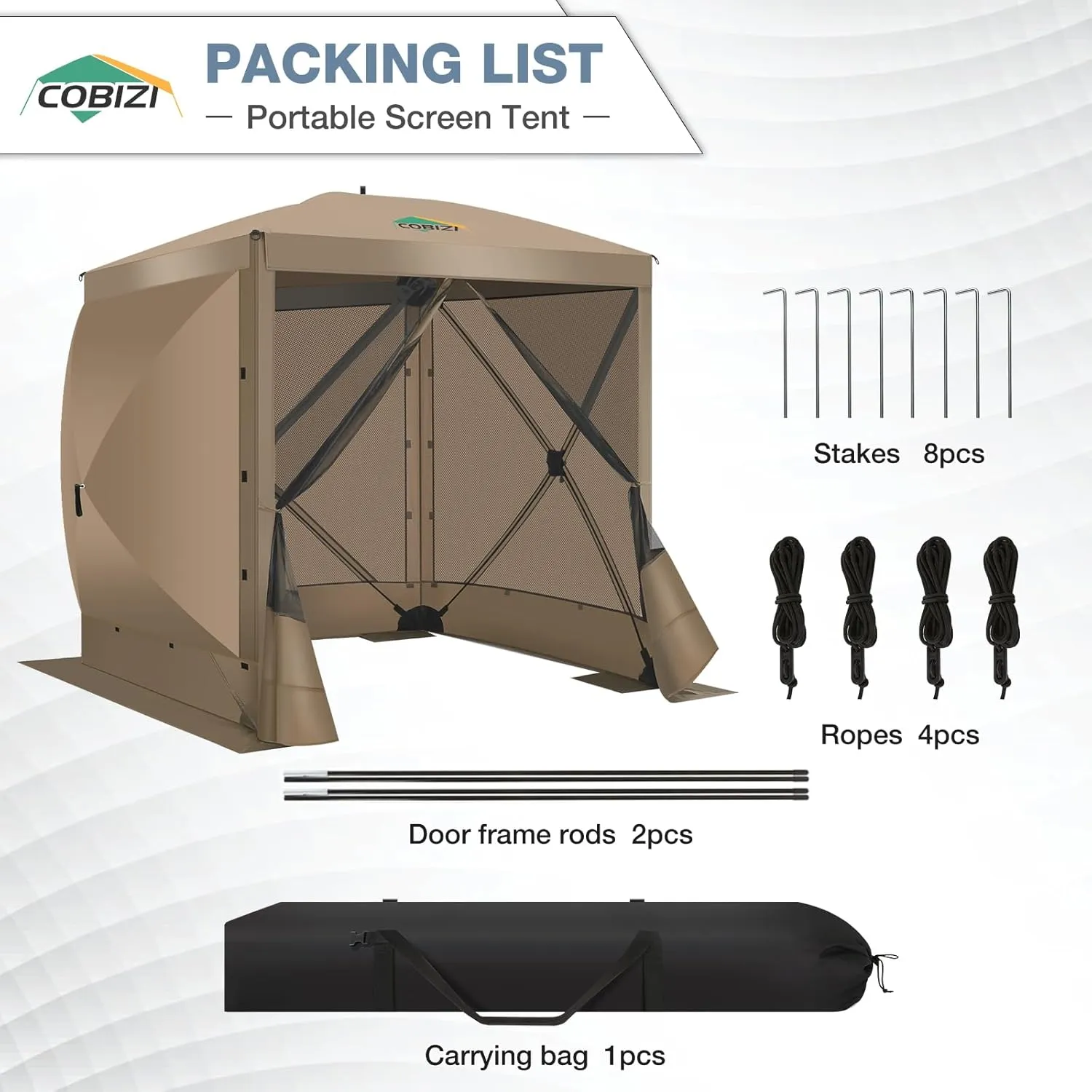 COBIZI Pop Up Gazebo Screen Tent Screen House for Camping, 8FTx8FT Screen Room with Sidewalls and Mosquito Netting, Hub Tent Instant Screened Canopy with Carrying Bag and Ground Stakes, Khaki