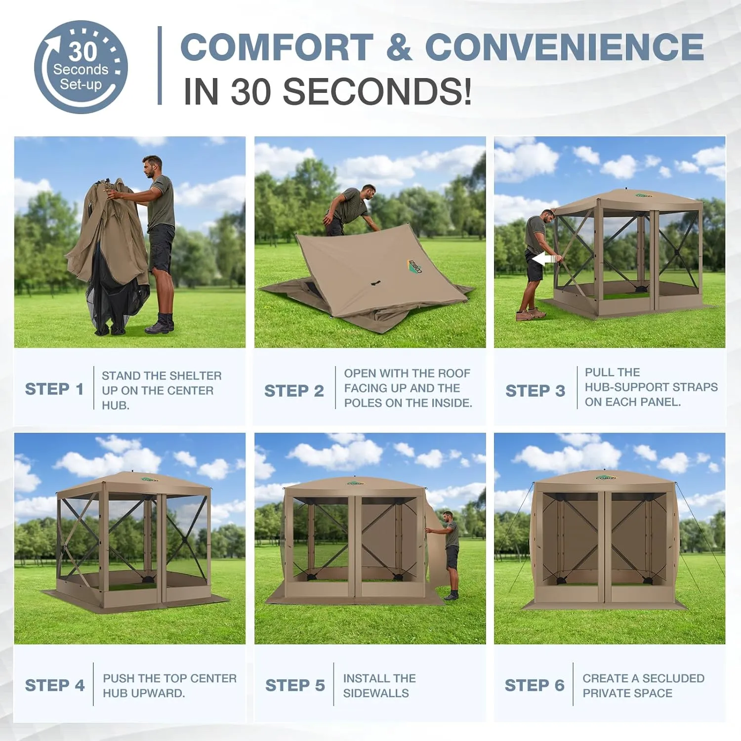 COBIZI Pop Up Gazebo Screen Tent Screen House for Camping, 8FTx8FT Screen Room with Sidewalls and Mosquito Netting, Hub Tent Instant Screened Canopy with Carrying Bag and Ground Stakes, Khaki
