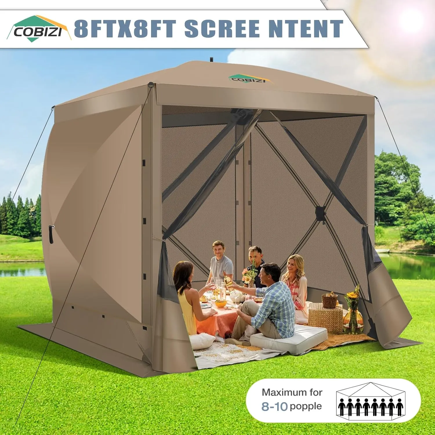 COBIZI Pop Up Gazebo Screen Tent Screen House for Camping, 8FTx8FT Screen Room with Sidewalls and Mosquito Netting, Hub Tent Instant Screened Canopy with Carrying Bag and Ground Stakes, Khaki
