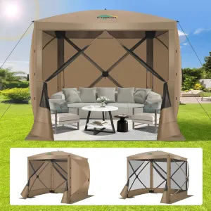 COBIZI Pop Up Gazebo Screen Tent Screen House for Camping, 8FTx8FT Screen Room with Sidewalls and Mosquito Netting, Hub Tent Instant Screened Canopy with Carrying Bag and Ground Stakes, Khaki