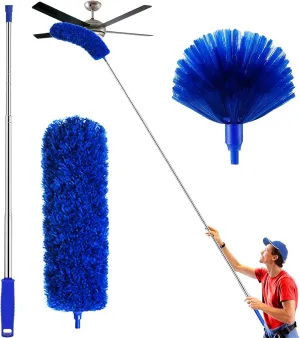 Cobweb Duster with Extension Pole, Cobweb Brush and Ceiling Fan Duster Kit for Cleaning, 15-100Inch Long High Rigidity Handle Aluminum Telescoping Pole, Washable（Blue）