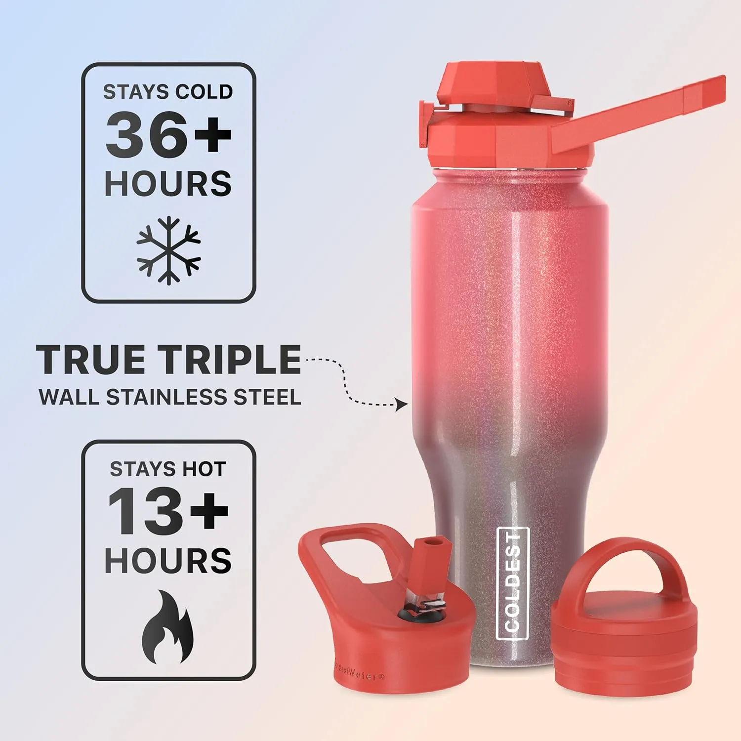 Coldest Sports Water Bottle - 3 in 1 Lids (Chug, Straw, Handle) - Insulated Stainless Steel Tumbler with Handle - Vacuum Water Flask Cup, Valentines Gifts for Him Her (36 oz, Red Nebula Glitter)