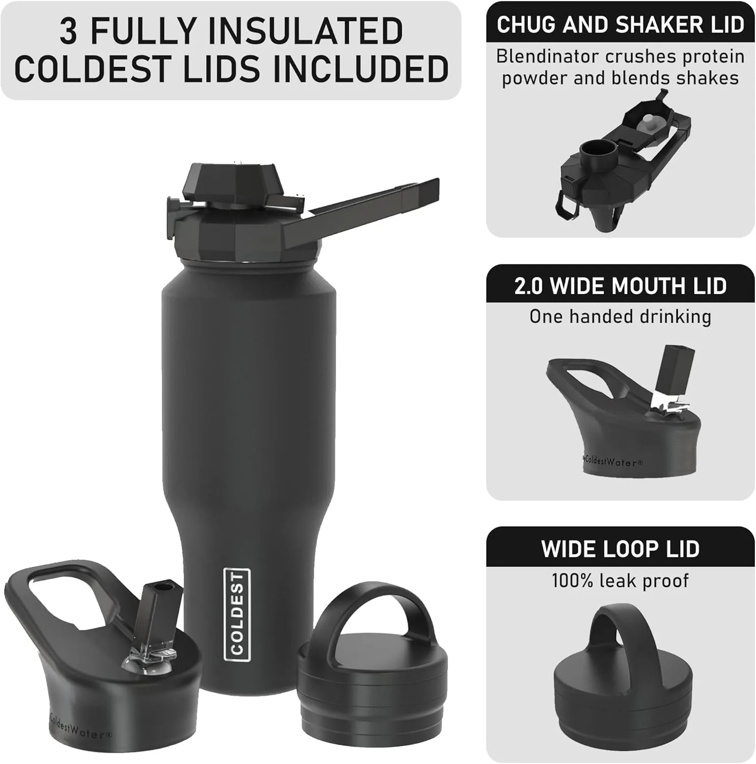 Coldest Sports Water Bottle - 3 in 1 Lids (Chug, Straw, Handle) - Insulated Stainless Steel Tumbler with Handle - Vacuum Water Flask Cup, Valentines Gifts for Him Her (36 oz, Red Nebula Glitter)