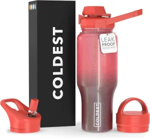 Coldest Sports Water Bottle - 3 in 1 Lids (Chug, Straw, Handle) - Insulated Stainless Steel Tumbler with Handle - Vacuum Water Flask Cup, Valentines Gifts for Him Her (36 oz, Red Nebula Glitter)