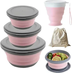 Collapsible Bowl Sets, Portable Camping Bowl With Lid, Portable Salad Bowl, Folding Lunch Box for Camping, Hiking, Kitchen, School(Pink,H-1)