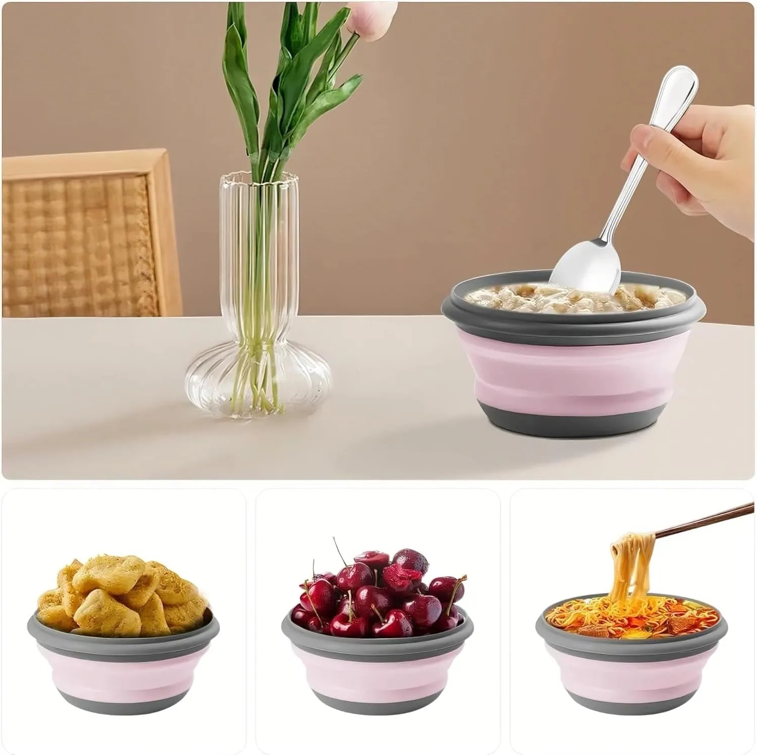 Collapsible Bowl Sets, Portable Camping Bowl With Lid, Portable Salad Bowl, Folding Lunch Box for Camping, Hiking, Kitchen, School(Pink,H-1)