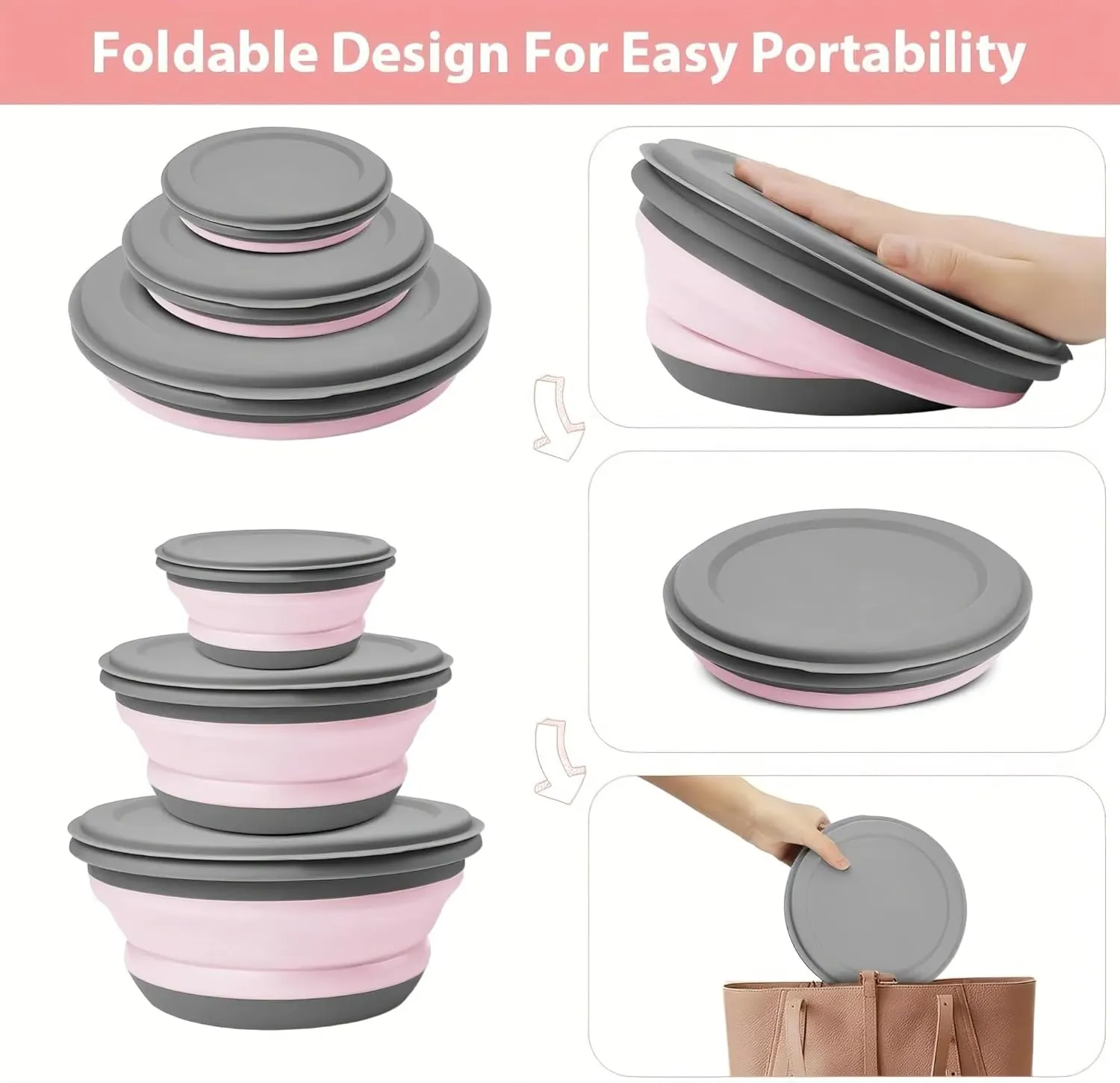Collapsible Bowl Sets, Portable Camping Bowl With Lid, Portable Salad Bowl, Folding Lunch Box for Camping, Hiking, Kitchen, School(Pink,H-1)