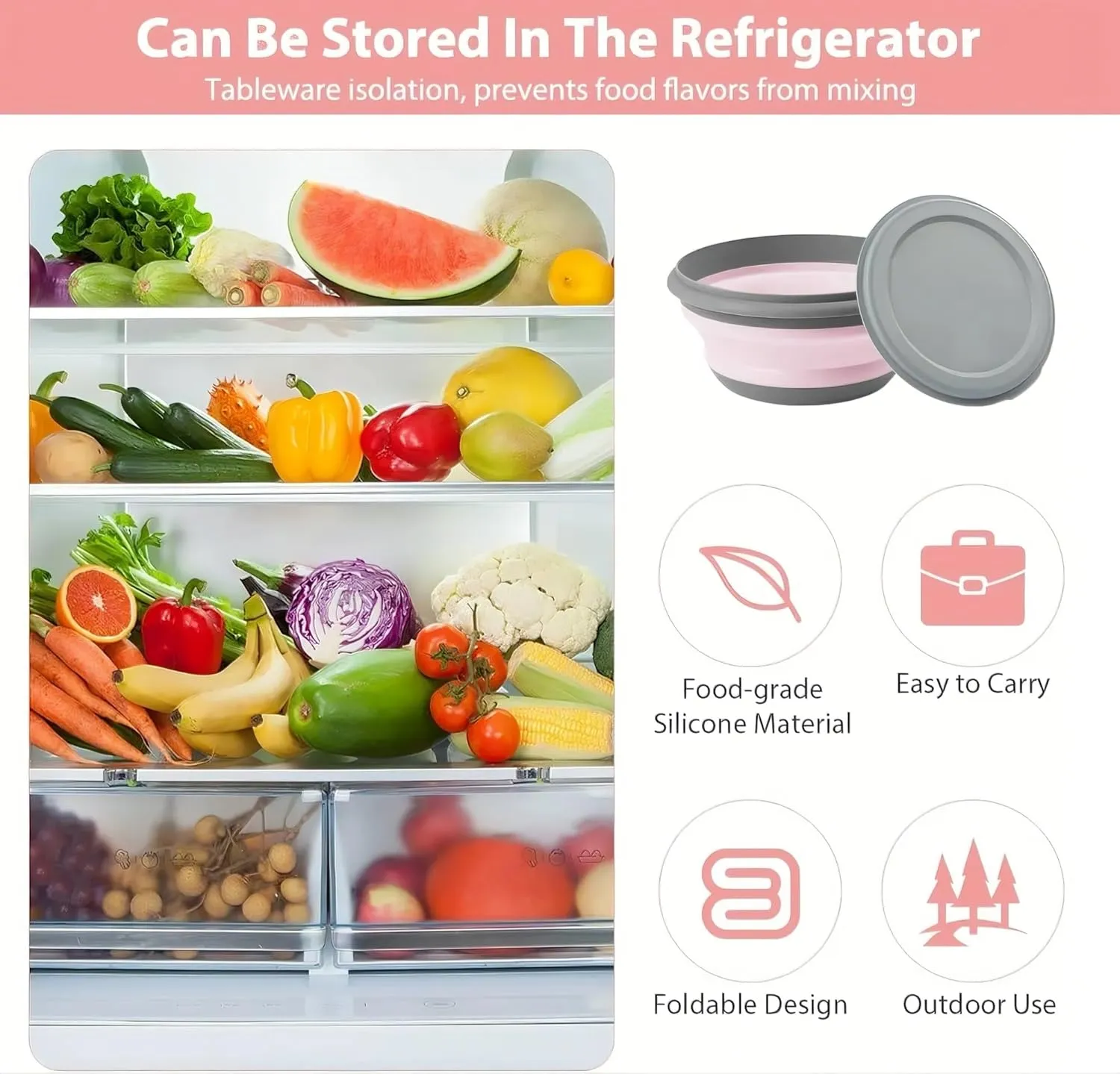 Collapsible Bowl Sets, Portable Camping Bowl With Lid, Portable Salad Bowl, Folding Lunch Box for Camping, Hiking, Kitchen, School(Pink,H-1)