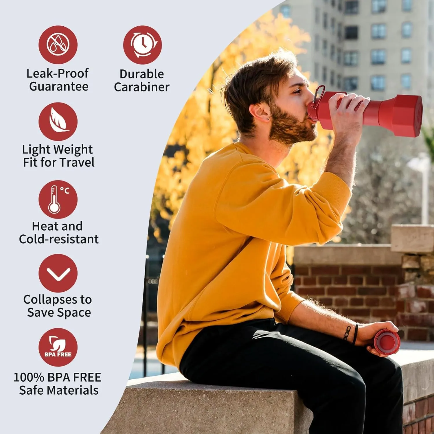 Collapsible Dumbbell Water Bottle, 22 oz (648.6 g), BPA-Free Silicone, Portable Lightweight, Hiking Buckle, Leak-Proof Sports Bottle (red)