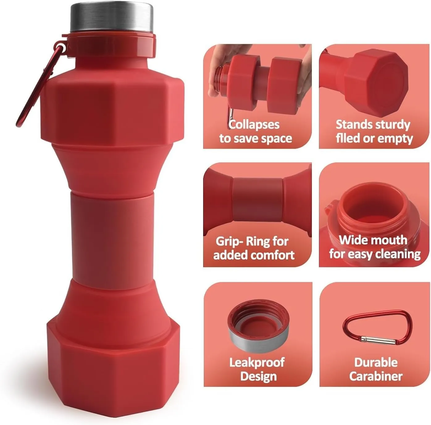 Collapsible Dumbbell Water Bottle, 22 oz (648.6 g), BPA-Free Silicone, Portable Lightweight, Hiking Buckle, Leak-Proof Sports Bottle (red)