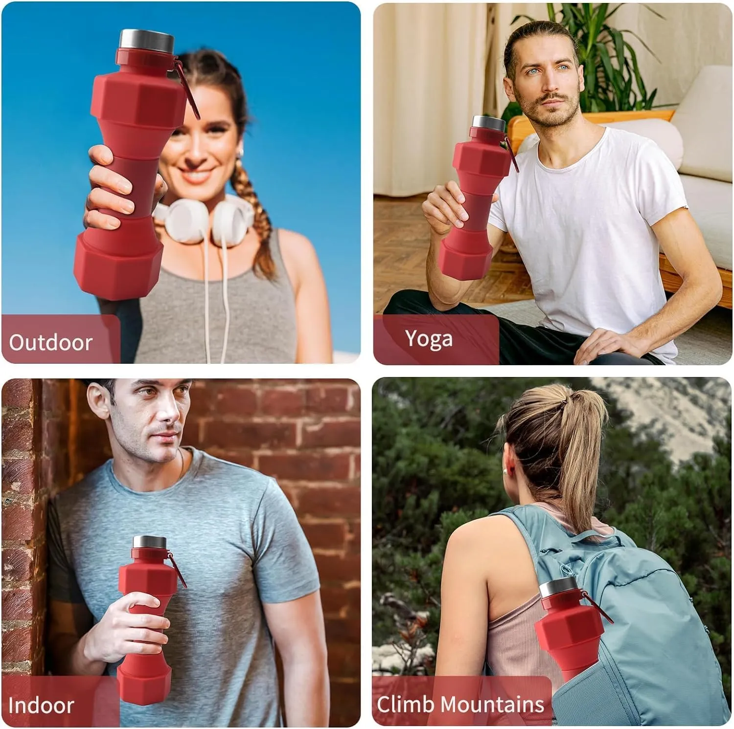 Collapsible Dumbbell Water Bottle, 22 oz (648.6 g), BPA-Free Silicone, Portable Lightweight, Hiking Buckle, Leak-Proof Sports Bottle (red)