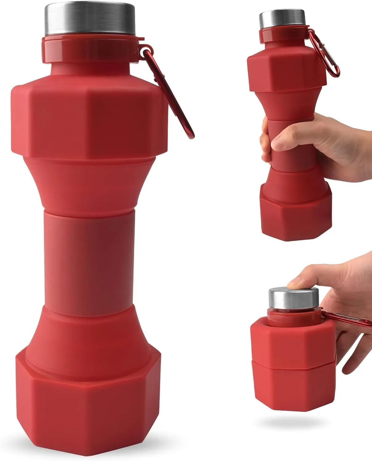 Collapsible Dumbbell Water Bottle, 22 oz (648.6 g), BPA-Free Silicone, Portable Lightweight, Hiking Buckle, Leak-Proof Sports Bottle (red)