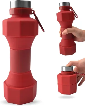Collapsible Dumbbell Water Bottle, 22 oz (648.6 g), BPA-Free Silicone, Portable Lightweight, Hiking Buckle, Leak-Proof Sports Bottle (red)
