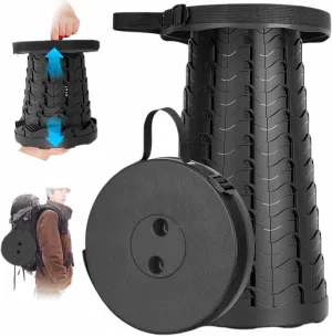 Collapsible Stool for Adults, 600 lbs Load Capacity Folding Stool with Adjustable Height & Carrying Strap - Retractable Portable Stool for Camping, Hiking, Fishing, Travel, BBQ (Black), CS_01