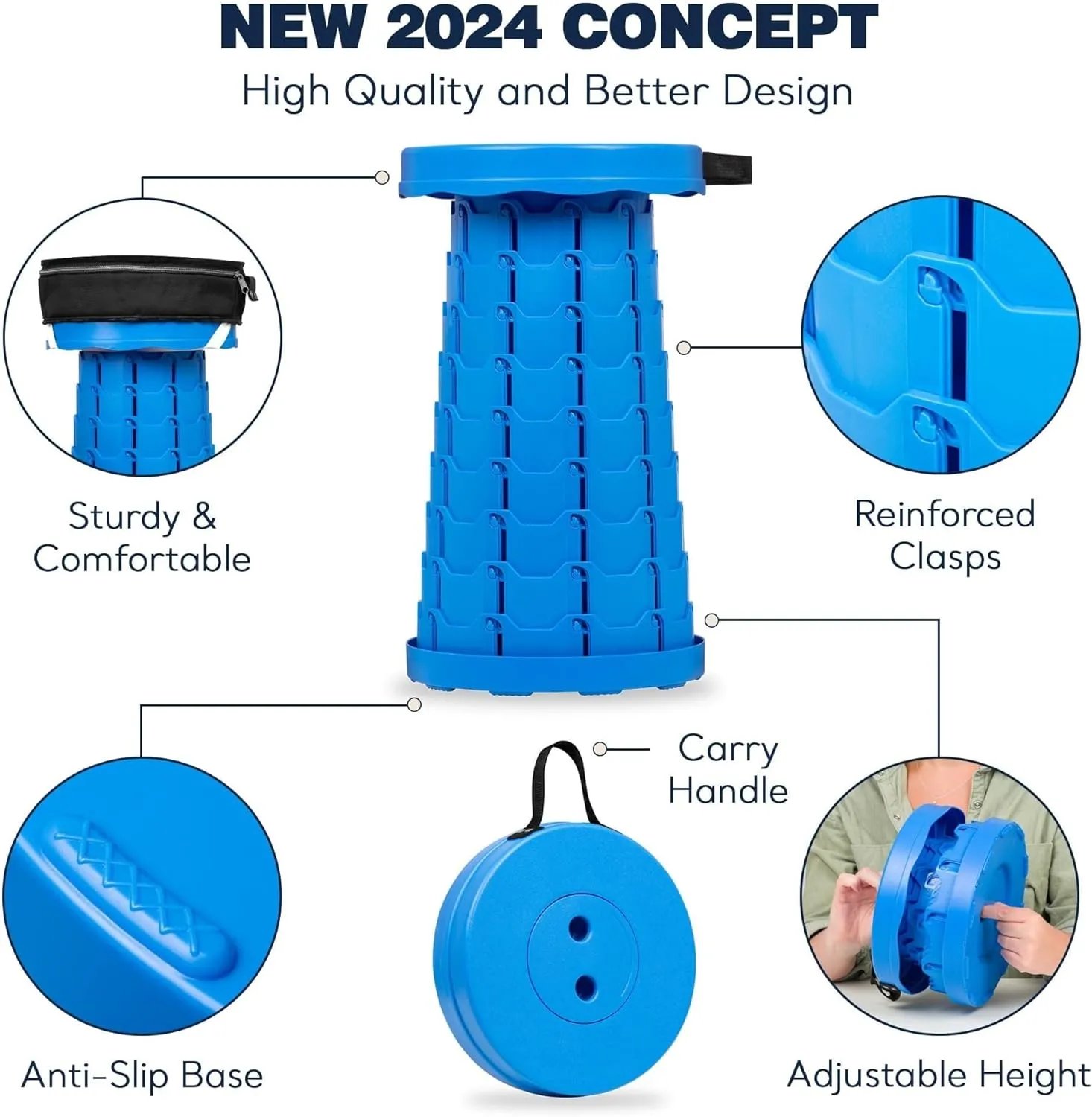 Collapsible Stool with 3-in-1 Cushioned Carry Case, 400lbs Max Weight, Lightweight Portable Retractable Foldable Telescoping Camping Stool for Adults Fishing Hiking Travel BBQ(Full Blue (W/3-in-1 Carr