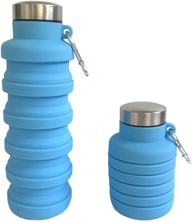Collapsible Water Bottle with Handle, Silicone Travel Bottle, Blue (Carabiner, Blue)