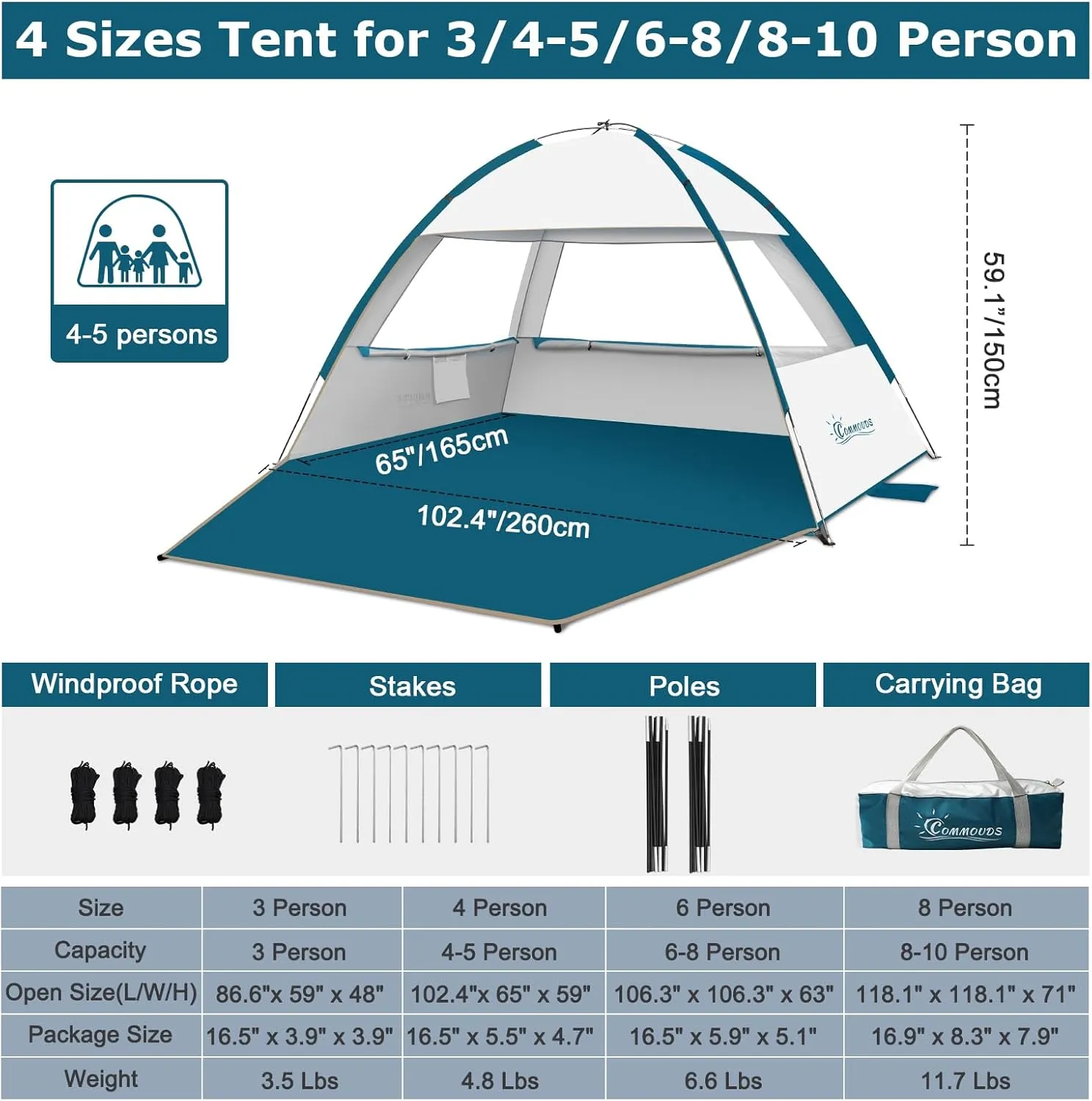 COMMOUDS Beach Tent Sun Shade for 3/4-5/6-7/8-10 Person, UPF 50  Beach Sun Shelter Canopy Tent, Lightweight, Easy Set Up and Carry