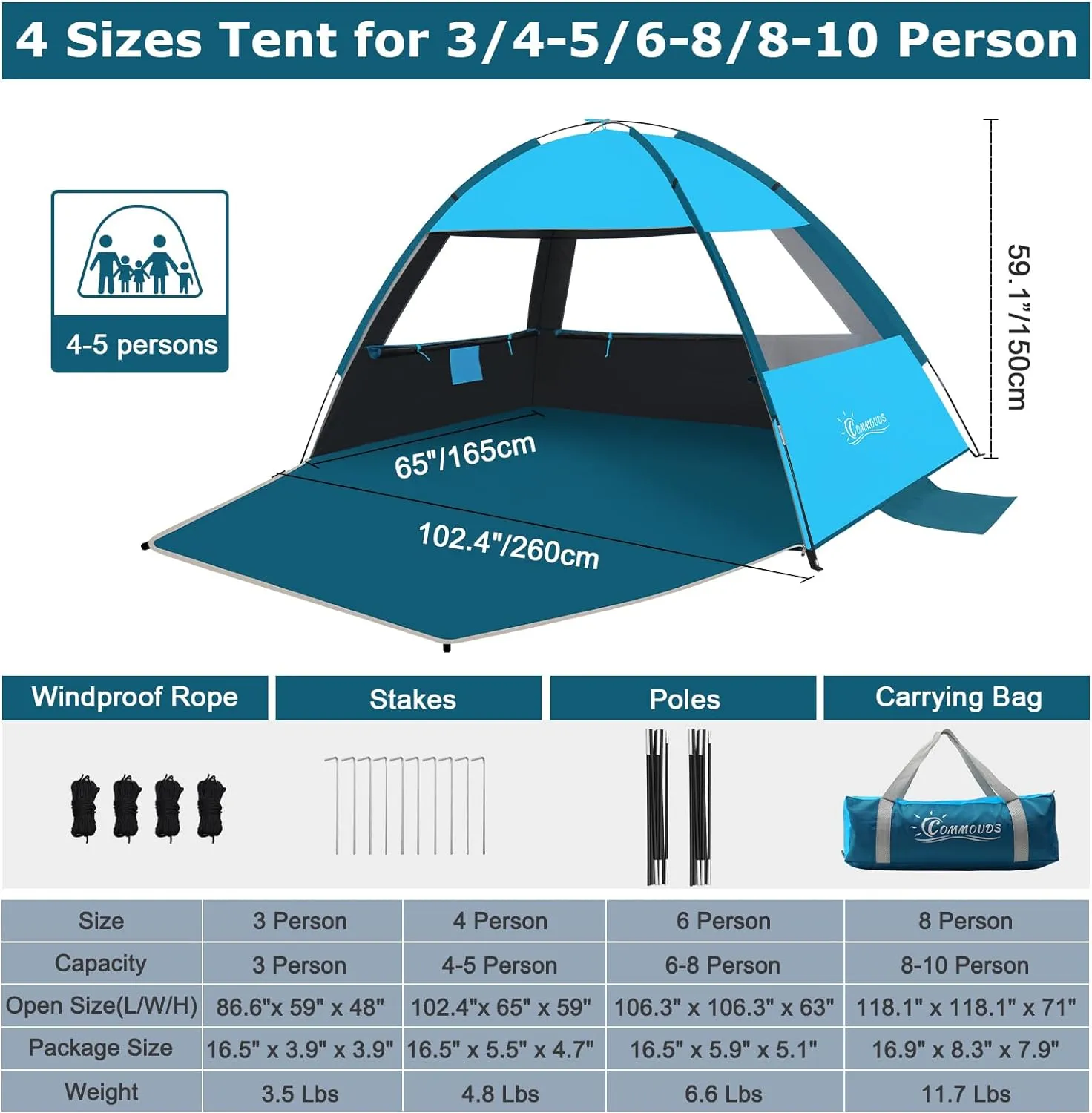 COMMOUDS Beach Tent Sun Shade for 3/4-5/6-7/8-10 Person, UPF 50  Beach Sun Shelter Canopy Tent, Lightweight, Easy Set Up and Carry