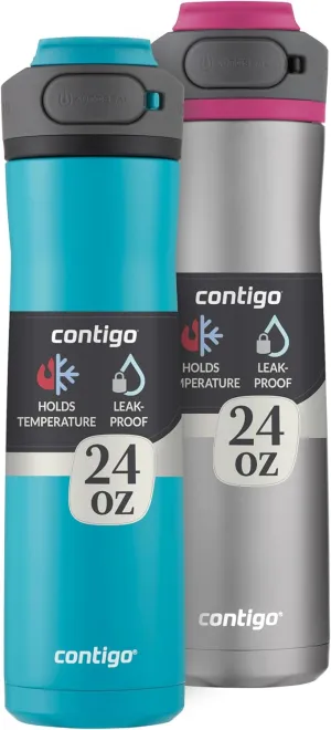 Contigo Cortland Chill 2.0 Vacuum-Insulated Stainless Steel Water Bottle, Spill-Proof Lid, Preserves Temperature for Hours, 24oz 2-Pack, Juniper & Dragonfruit, Ideal for Travel and Daily Use