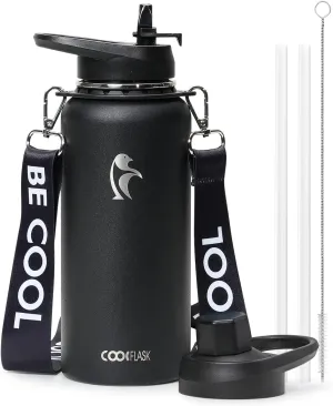 Coolflask 32 oz Water Bottle with Strap, Insulated Metal Water Flask with Straw & Spout Lids, Stainless Steel Double Wall Vacuum, Keep Cold 48h Hot 24h, Leak Proof & Non-BPA, Magic Black