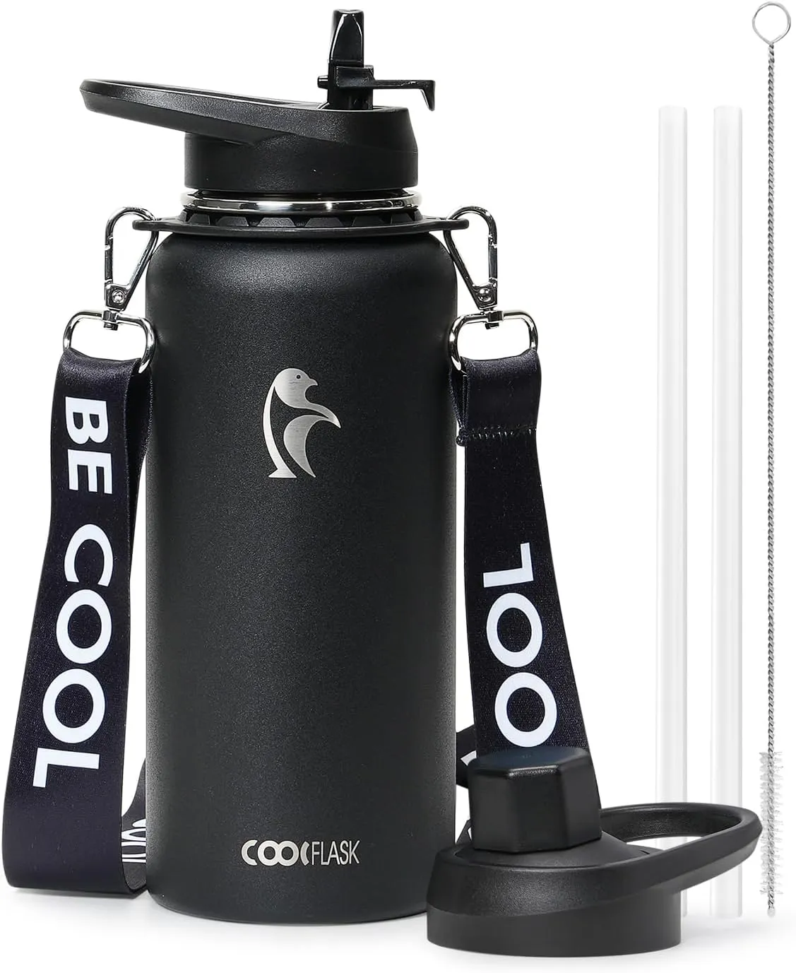 Coolflask 32 oz Water Bottle with Strap, Insulated Metal Water Flask with Straw & Spout Lids, Stainless Steel Double Wall Vacuum, Keep Cold 48h Hot 24h, Leak Proof & Non-BPA, Magic Black