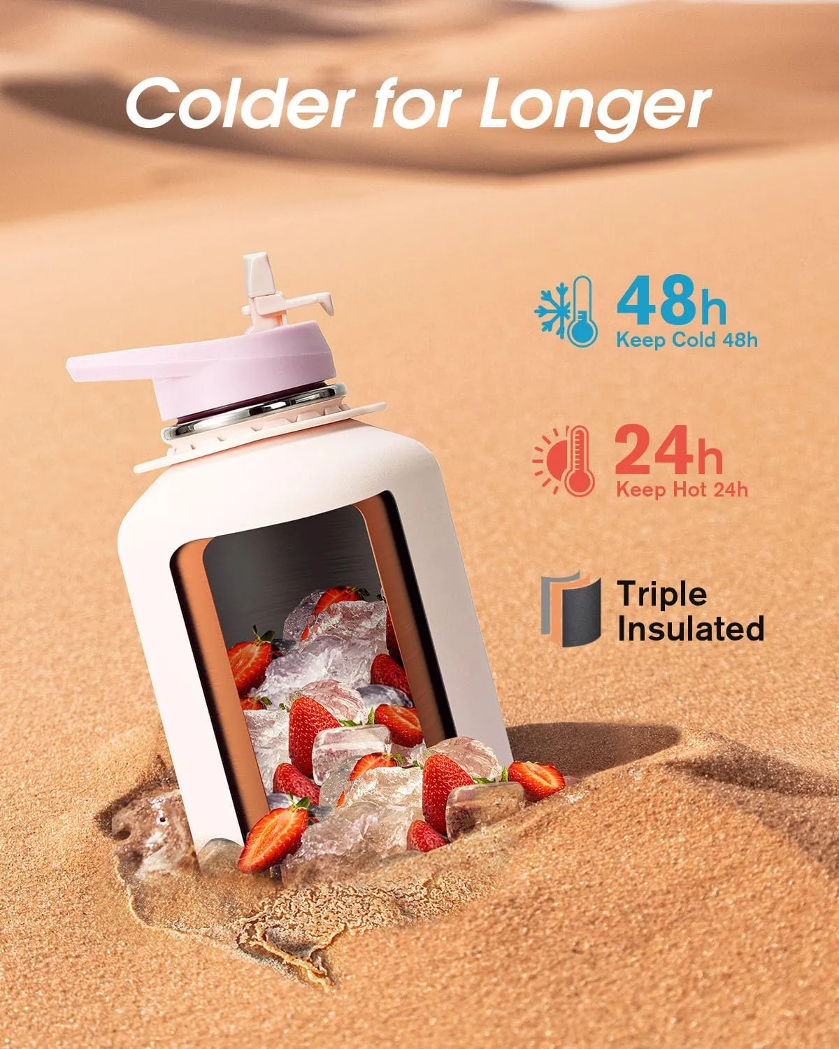 Coolflask Half Gallon Water Bottle Insulated with Straw, 64 oz Large Water Jug with Straw & Spout Lids, Double Wall Stainless Steel Metal Flask, Keep Cold 48h Hot 24h, Apricot Pink