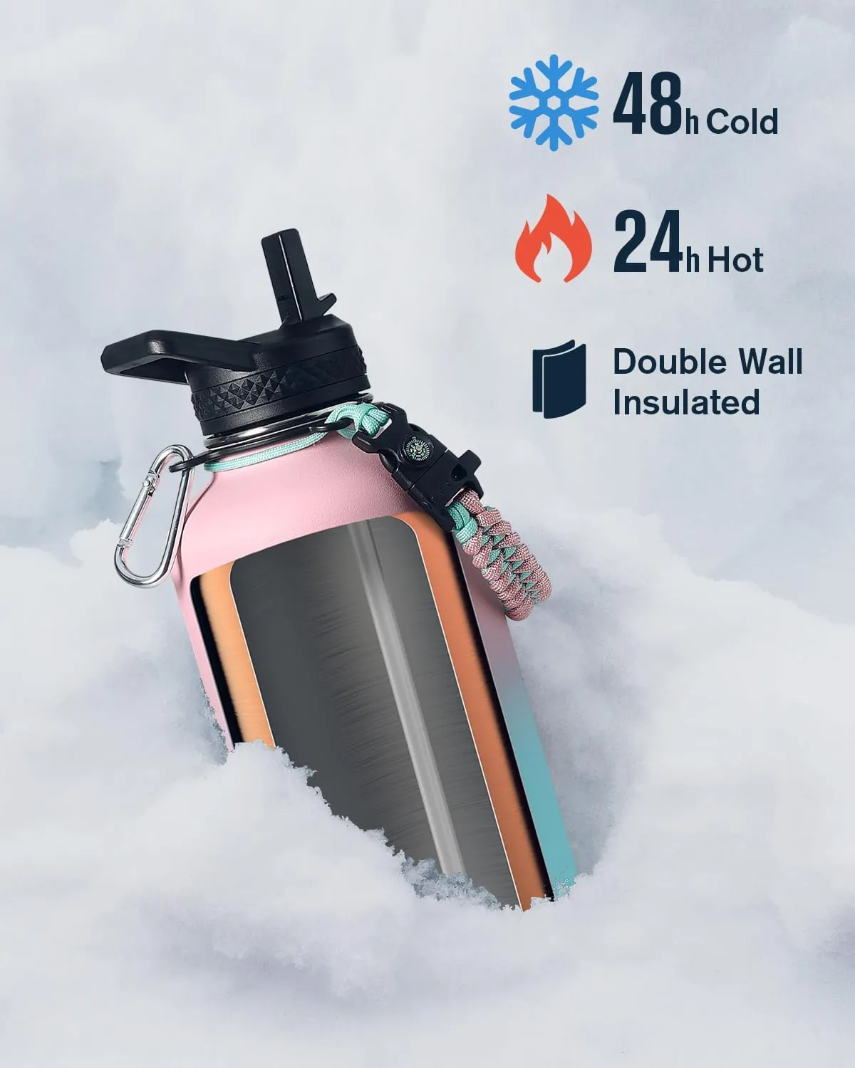 Coolplus Insulated Water Bottle 64 oz with Straws, Half Gallon Water Jug with Paracord Handle & 3 Lids, Keep 24H Hot 48H Cold, Vacuum Stainless Steel Leakproof Water Flask