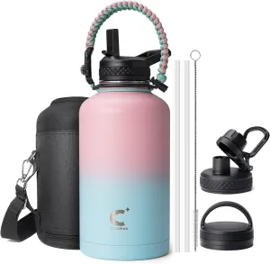 Coolplus Insulated Water Bottle 64 oz with Straws, Half Gallon Water Jug with Paracord Handle & 3 Lids, Keep 24H Hot 48H Cold, Vacuum Stainless Steel Leakproof Water Flask