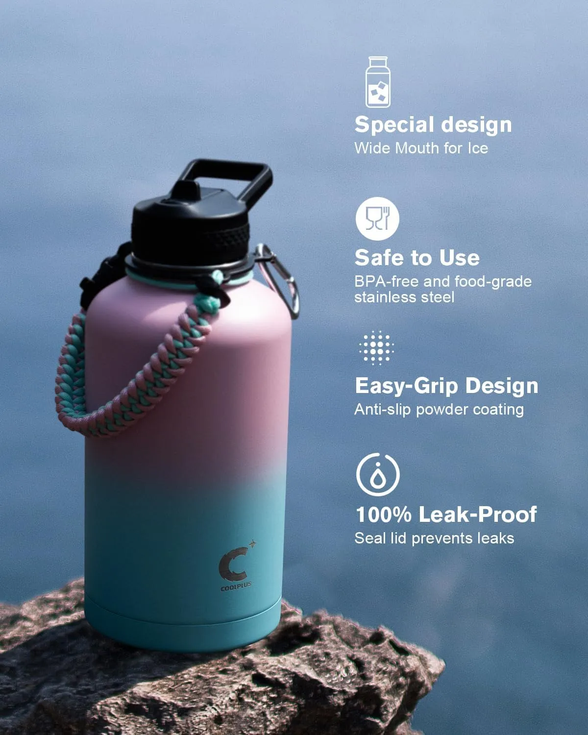 Coolplus Insulated Water Bottle 64 oz with Straws, Half Gallon Water Jug with Paracord Handle & 3 Lids, Keep 24H Hot 48H Cold, Vacuum Stainless Steel Leakproof Water Flask