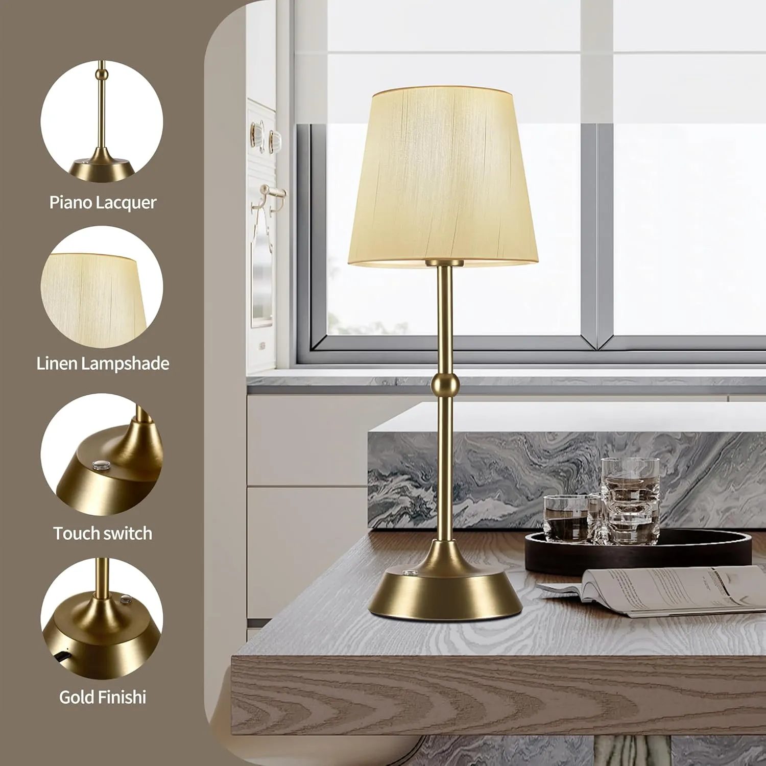 Cordless Cold Table Lamp,LED Portable Dimmable Desk Lamp,6000mA Battery Powered Table Lamp,Touch Control Fabric Table Light for Dining Room,Bedroom,Bar,Camping,Balcony .(LED Bulb Included)