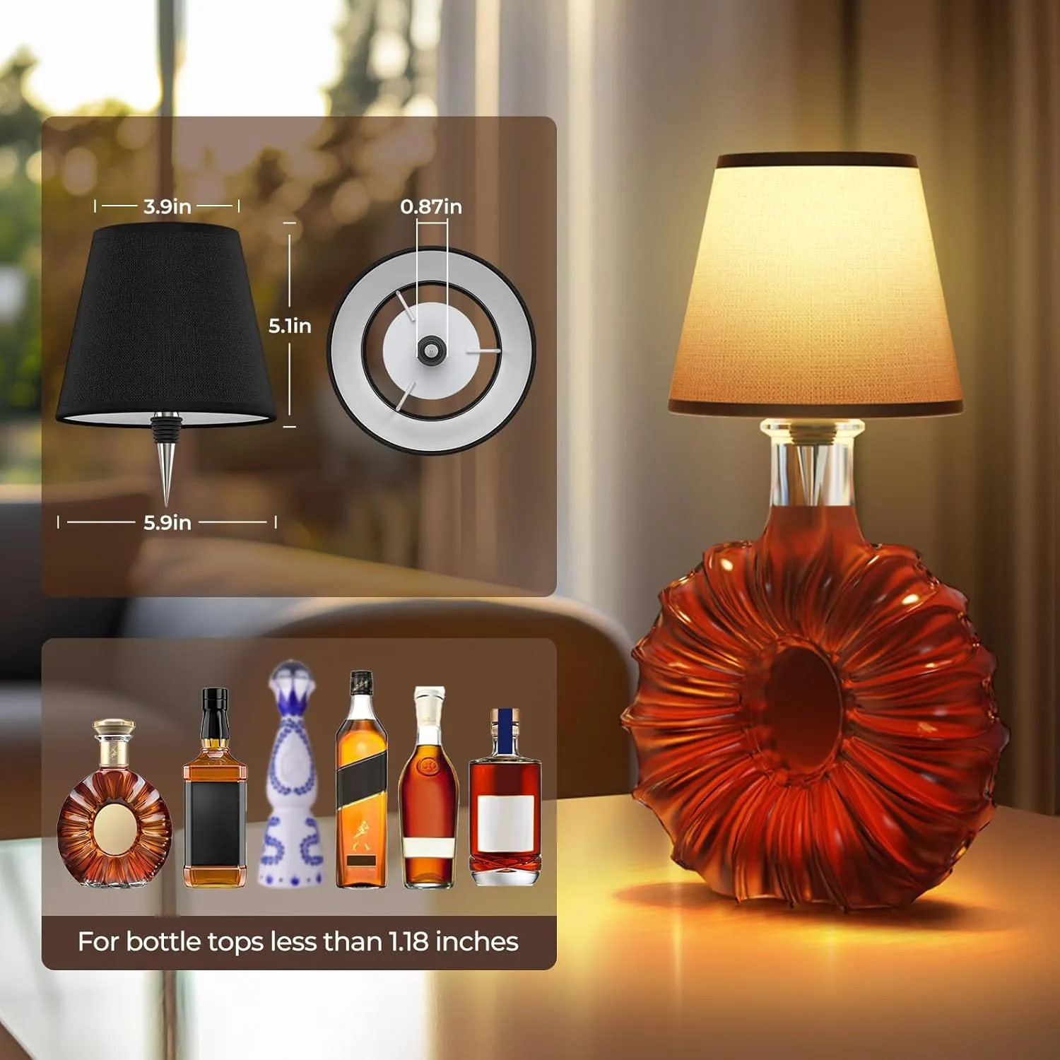 Cordless LED Bottle Lamp 5000mAh Battery Portable Wireless Table Lamp Wine Bottle Lamp for Indoor Outdoor Dining Bedroom with Remote (Black, 1 Pack)